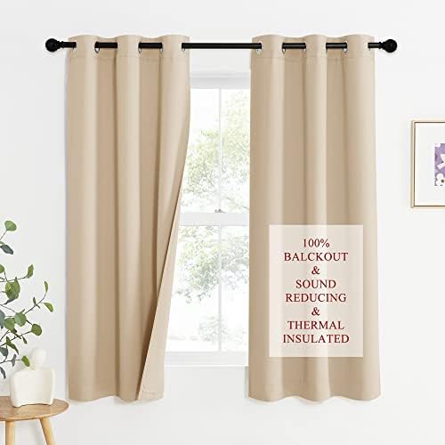 NICETOWN Bedroom Full Blackout Curtain Panels, Super Thick Insulated Window Covers, Complete Blackout Draperies with Noise Absorb Liner for Short Window(Biscotti Beige, Set of 2, 42 by 63-inch)