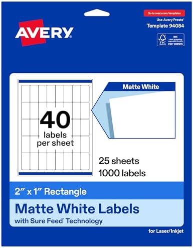 Avery® Matte White Rectangle Labels, 2" x 1", Sure Feed® Technology, Laser/Inkjet Printer Compatible, 1000 Printable Labels Total, Great for Branding, Packaging, and More