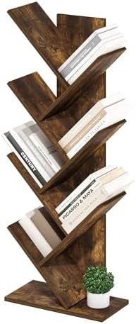 Furinno Tree Book Shelf, 7-Tier Bookshelf with Angled Open Shelf, Tree Bookcase for Room Decor, 8.4 x 15.7 x 39.4, for Organization and Storage, for Living Room, Bedroom, Home Office, Amber Pine