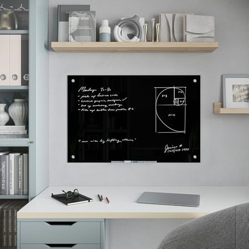 U Brands Glass Dry Erase Board, 24" x 36", Black Surface with Silver Grommets, Frameless, Includes Marker with Built-in Eraser