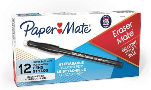 Paper Mate EraserMate Pen, Medium Point, Black | Erasable | Box of 12, Pack of 12
