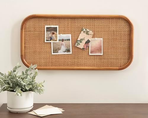 Kate and Laurel Planche Modern Rattan Wall Pinboard, 12 x 24, Natural Wood, Boho Rounded Rectangle Wall Organizer for Use as Cork Board, Vision Board, or Bulletin Board