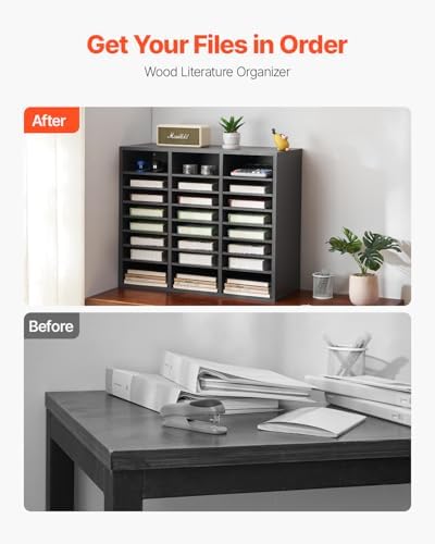 VEVOR Literature Organizer, 24 Compartments Office Mailbox with Adjustable Shelves, Wooden Mailbox Sorter Medium Density Fiberboard Office Home Classroom Storage for Files, Documents, Papers, Grey