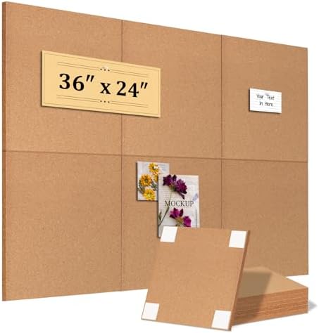 Cork Board for Wall, 36"x24", 6-Pack Cork Tiles
