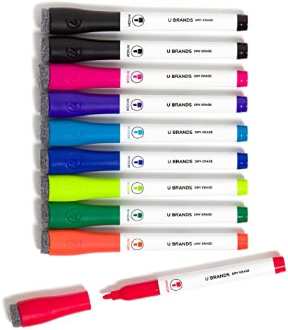U Brands Fine Tip Dry Erase Markers with Eraser, Low Odor Whiteboard Markers Fine Tip, Assorted Bright Colors, Set of 10