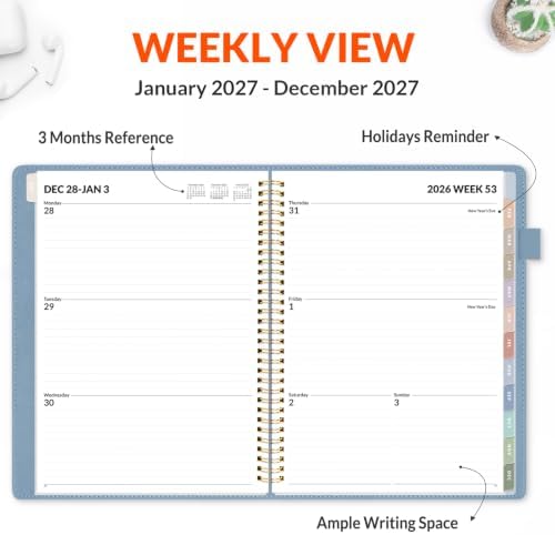 SUNEE 2027 Weekly & Monthly Planner 9"x11.2"- 12 Month (January 2027 - December 2027), Vegan Leather Cover, Pocket, Bookmark, Notes, Monthly Tab, Grey Blue