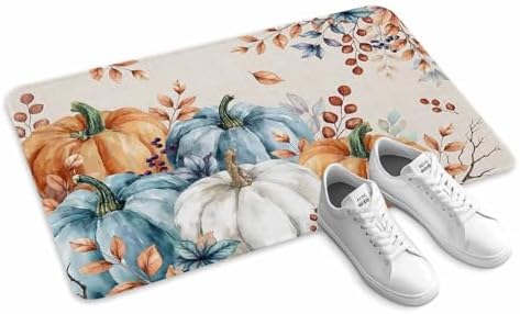 Fall Door Mat Orange Blue Pumpkin Doormat Autumn Floral Maple Leaves Harvest Thanksgiving Welcome Mat Non Slip Rubber Entryway Front Rug Floor Mat for Indoor Outdoor Kitchen Autumn Holiday Decor 18x30