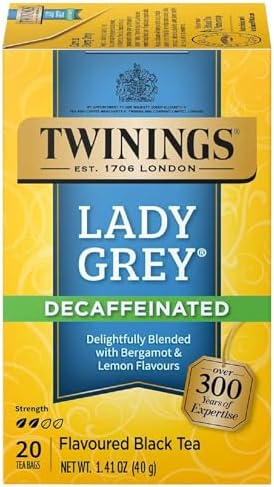 Twinings Decaffeinated Lady Grey Black Tea Individually Wrapped Bags, 20 Count (Pack of 1), Orange Peel & Lemon Peel, Enjoy Hot or Iced, 20 Teabags