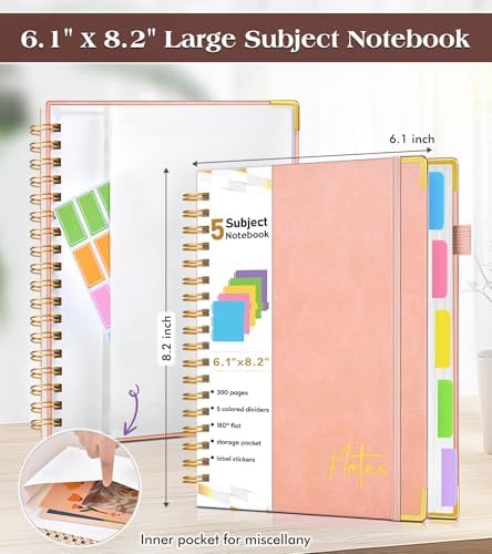 Spiral Notebook Journal with Removable Dividers Tabs, 300 Pages Hardcover Leather 5 Subject College Ruled Notebook, 6.1"x8.2" Large A5 Lined Journal for Women Men Spiral Notebook for Work School,Pink