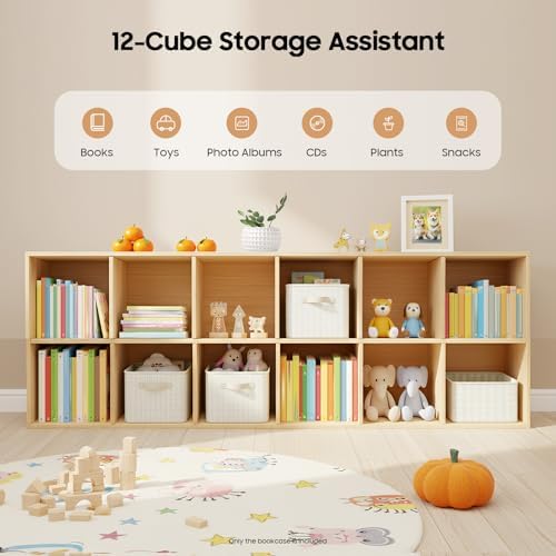 12 Cube Storage Organizer - Solid Wood Bookshelf - Cube Shelf - Vertical or Horizontal Bookcase - Open Book Shelf - Easy Assembly for Bedroom, Living Room, Office