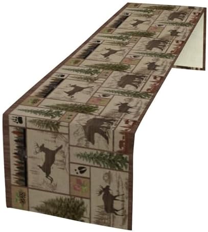 Rustic Moose Deer Bear Table Runner, Retro Vintage Bear Cottage Country Style Cabin Farmhouse Dinner Runner for Home Kitchen Dining Table Decoration 13x108inch