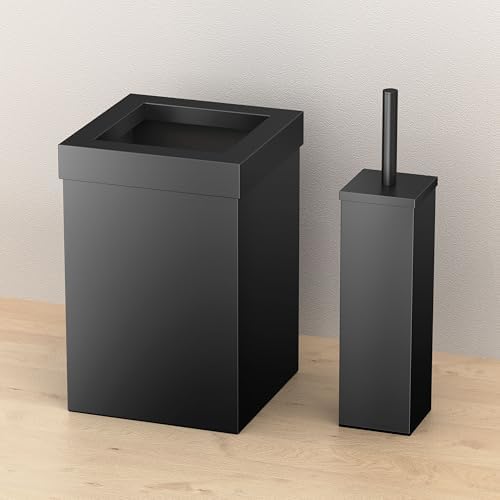 Gatco Small Bathroom Trash Can with Lid and Toilet Brush Set, Square 3 Gallon Stainless Steel Wastebasket, Under Sink, Matte Black, for Bathroom, Bedroom, Office (2972)