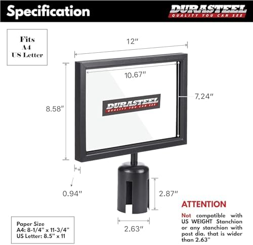 DuraSteel Stanchion Sign Holder 8.5" x 11" Paper Size - Double Sided Landscape Display w/Plexiglass Cover - Black Stanchions Crowd Control Metal Outdoor Sign Holder Stand, NOT Fit US Weight Stantions