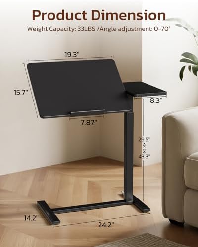 Simple Deluxe Standing Rolling Desk with Hidden Casters, Height Adjustable Pneumatic Mobile Laptop Desk, Tilting Bedside Table for Laptop, Overbed Bedside Table Hospital Home Use, Black