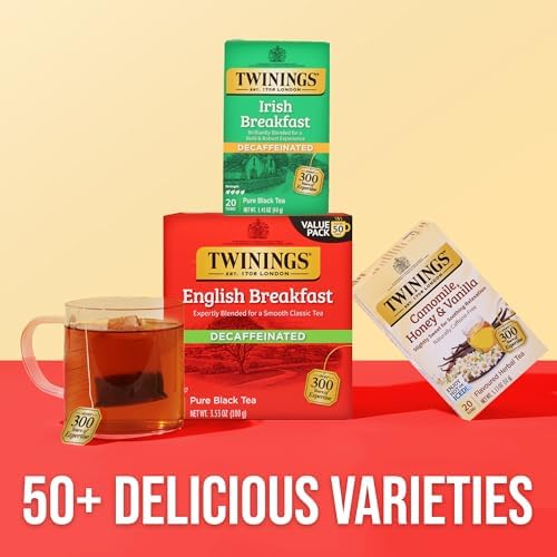 Twinings Decaffeinated Irish Breakfast Black Tea Individually Wrapped Bags, 20 Count (Pack of 6), Flavourful, Robust, Enjoy Hot or Iced, 120 Teabags