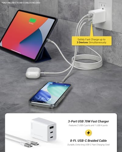 Scosche 70W Fast Charging Compact 3-Port Wall Charger Block wiht 8ft Cable, Dual USB-C & USB-A GaN Power Delivery Adapter with Foldable Plug for iPhone 17/16, iPad, MacBook Air, Galaxy S26/S25 & More