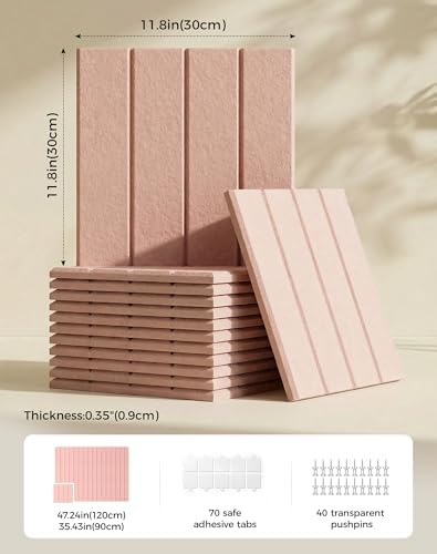 Aothia 12-Pack Felt Bulletin Board Tiles 48"x36", Modular Pin Board for Notes, Photos & Mood Boards, Cork Board Alternative for Smooth Walls, 0.35" Thick, 70 Adhesive Tabs & 40 Pins, Pink