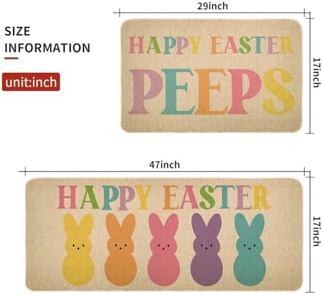 Happy Easter Kitchen Floor Mat Set of 2, Non-Slip Absorbent Rugs and Door Mats, Spring Seasonal Bunny Decorative Home Kitchen Doormat 17x29 and 17x47 Inch DM138