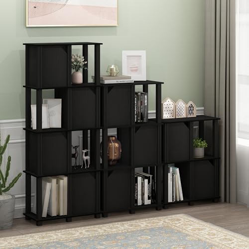 FURINNO Brahms Storage Shelf, 3-Tier, Black Oak/Black | Bookcase, Display Shelf with Open Shelf and Closed Storage, for Organization and Storage, Living Room, Garage, Home Office
