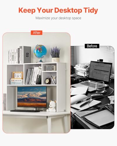 VEVOR Desktop Bookshelf, Storage Organizer with 5 Shelves for Computer Desk, Wooden Shelf Desk Hutch with Anti-Slip Feet Pads, Desk Top Display Rack for Office, Home & Dorm, White