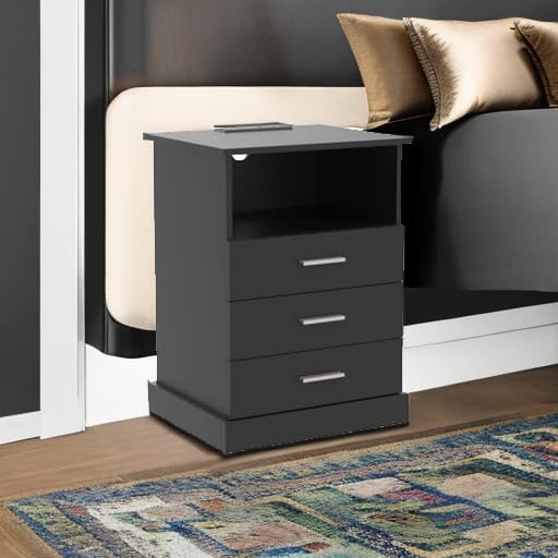Halitaa Black LED Nightstand with Charging Station, Side Table with 3 Drawers and Light, End Table with Open Storage, Beside Cabinet for Bedroom (Black)