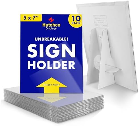 Paper Sign Holder (5 x 7 Inches) Plastic Countertop Display w/Shatterproof (No Acrylic) Clear Design & Cardboard Easel Back Tabletop Slant Support for Stackable Lightweight Portable by Hutchco