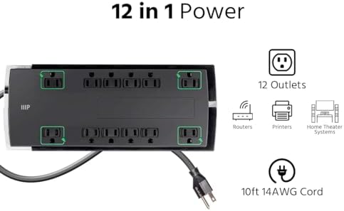 Monoprice 12 Outlet Slim Surge Protector - UL Rated, 4,230 Joules, Grounded and Protected Light Indicator, 10 Feet, Black (Pack of 2)