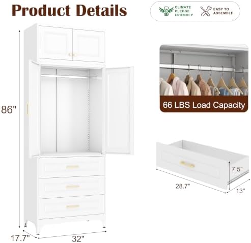 SteeLoong 86" Metal Wardrobe Cabinet,Armoire Wardrobe Closet with 3 Drawers
