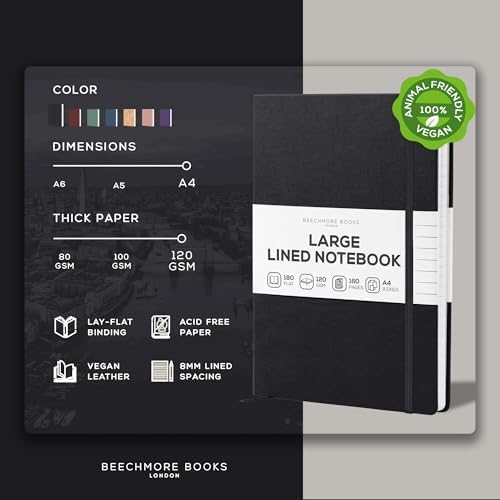 BEECHMORE BOOKS A4 8.5x11.5 Lined Leather Journal For Men 120 GSM, Gift Box