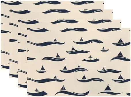Batmerry Maritime Ocean Linen Placemats Set of 4, Nautical Sailing Washable Table Mats for Kitchen Table Thickened Heat Insulation Dining Set Indoor Outdoor 12X18 in
