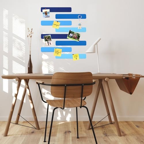 8Pcs Rectangle Felt Cork Board Bar Strips with 35 Pushpins, Self-Adhesive Bulletin Board Strips for Office School Home Wall Decor Stickers Memos Schedules Photos Display -Gradual Blue
