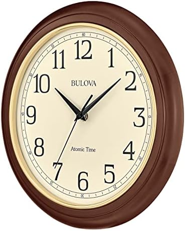 Bulova Atomic Time 2 Analog Wall Clock C5004 | 12.4" Wooden Frame, Sets Time Automatically | Quartz Movement | Battery Operated | Classic Design