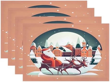 Batmerry Christmas Santa Claus Linen Placemats Set of 4, Reindeer Winter Cityscape Orange Washable Table Mats for Kitchen Table Thickened Heat Insulation Dining Set Indoor Outdoor 12X18 in