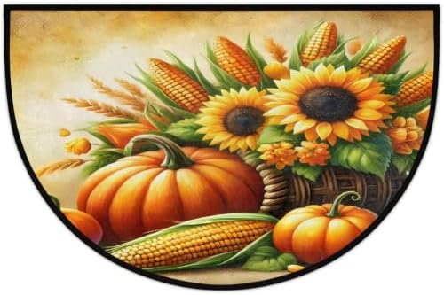 Sunflower Pumpkin Half Round Door Mat Non Slip Washable Semi Circle Area Rug Absorbent Soft Half Moon Rug Floor Mat for Indoor Outdoor Kitchen Bathroom Patio Front Door Mat Decor
