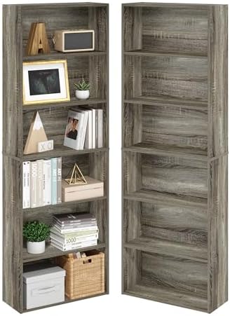 Furinno Jaya 6-Tier Book Shelf Set of 2, with Open Shelf, French Oak