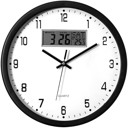 Clockswise 12-inch Wall Clock, Non-Ticking Analog & Digital with Temperature Display Battery Powered, Silent Operation, Switchable Time and Date - Perfect for Classroom Office Bedroom and Study, Black