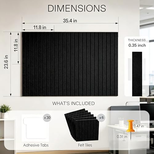 6-Pack Felt Wall Tiles, Black – 36" × 24" Cork Boards Alternative
