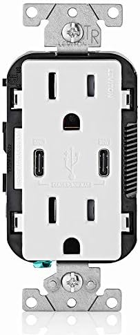 Leviton 30W (6A) USB Dual Type-C/C Power Delivery In-Wall Charger with 15A Tamper-Resistant Outlet, USB Charger for Smartphones, Tablets, Laptops, T5635-W, White