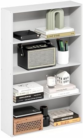 Furinno Basic Book Shelf, 4-Tier Bookcase with Open Shelf, Bookshelf, Cube Storage Organizer, 6 x 24 x 35, for Living Room, Bedroom, Home Office, White