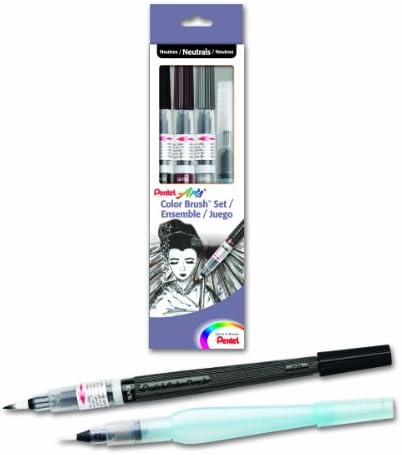 Pentel Arts Color Water Brush Box Set, Black/Gray/Sepia/Aquash (GFLFRHBP)