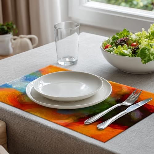 Batmerry Colorful Bright Oil Painting Placemats, Multicolor Psychedelic Washable Linen Table Mats for Kitchen Table Double Insulation Decor Dining Set Indoor Outdoor 12X18 in Set of 6