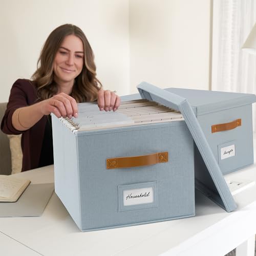 Decorative File Organizer Box Set of 2 - Collapsible Linen Filing Cabinets | Stores Documents and Hanging File Folders - Portable Office Crates with Lid and Handles for Easy Slide Access