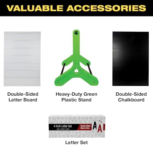 EXCELLO GLOBAL PRODUCTS Swinging Changeable Message Sidewalk Sign: 24" x 36" with 792 Pre-Cut Double Sided Letters and Storage Box. Includes Black Board & Letter Board (Green Color Legs)