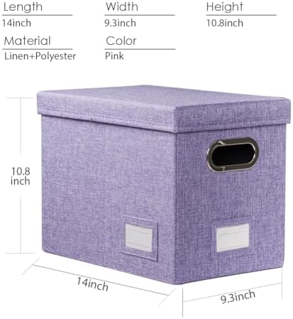 PRANDOM File Organizer Box - Set of 1 Collapsible Decorative Linen Filing Storage Hanging File Folders with Lids Office Cabinet Letter Size Purple (14x9.3x10.8 inch)