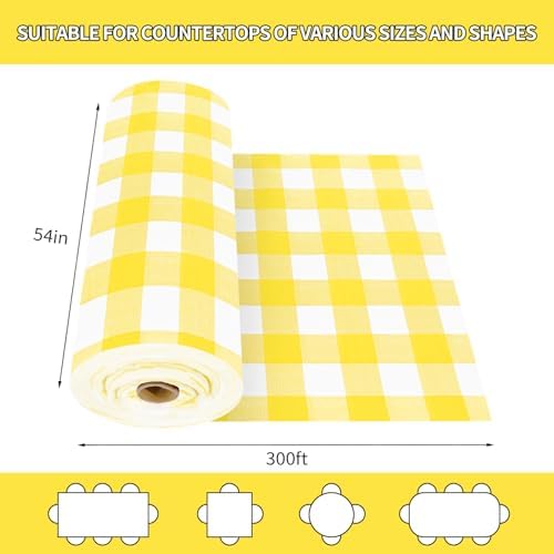 CXPSINC 54 Inch X 300 Feet Plastic Table Cover Roll Disposable Tablecloth with Slide Cutter for All Type/Shape Tables | Party, Banquet, Birthdays, Weddings(Yellow Checkered, 300 Feet)