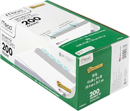 Mead #10 Security Business Envelopes Letter Size 4-1/8" x 9-1/2" – Peel and Seal, Privacy Lined, No-Window, Press-It Seal-It Self-Adhesive for Home & Office Mailing, 200 Count (742020) (Pack of 12)