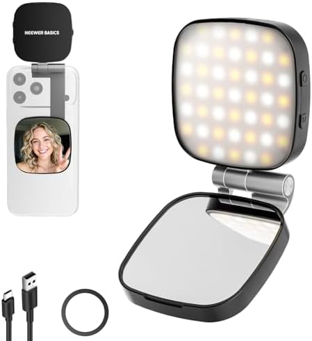 NEEWER Basics Magnetic Selfie Light Compatible with MagSafe iPhone, 2W CRI95+ Bi Color Swivel Small LED Phone Fill Lighting, 680lx/0.3m, Mirror for Vlog Recording Makeup Video Conference, NL45B Black