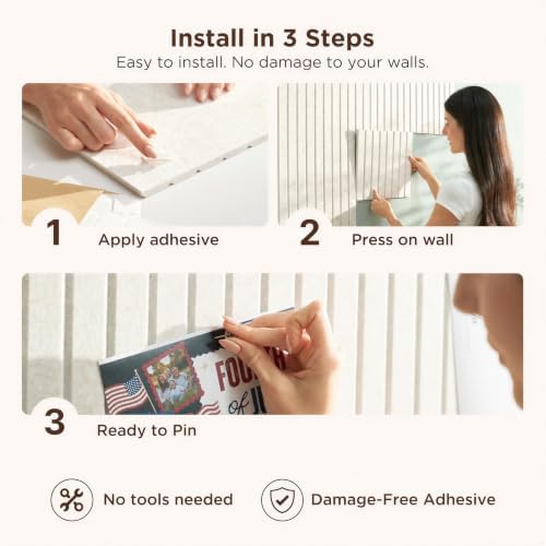 VIVELDA Felt Bulletin Board Tiles 48"x36" - 12-Pack Cork Board Alternative, Oeko-TEX Certified, NRC 0.95 Acoustic Wall Panels, Damage-Free Adhesive, Slatted Design, Home Office & Classroom (Salmon)