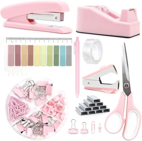 Office Supplies,Pink Desk Accessories, Stapler and Tape Dispenser Set for Women with Stapler,Tape Dispenser,Staple Remover,Staples,Clips,Scissors and Tabs,Gift for Students,Coworkers,Teacher,Business