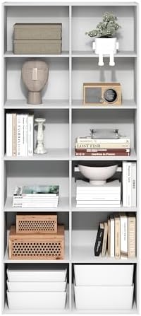 Furinno Basic Book Shelf, 12-Cube Bookshelf, Bookcase with Open Shelf, Cube Storage Organizer, 12 x 32 x 71, for Living Room, Home Office, White